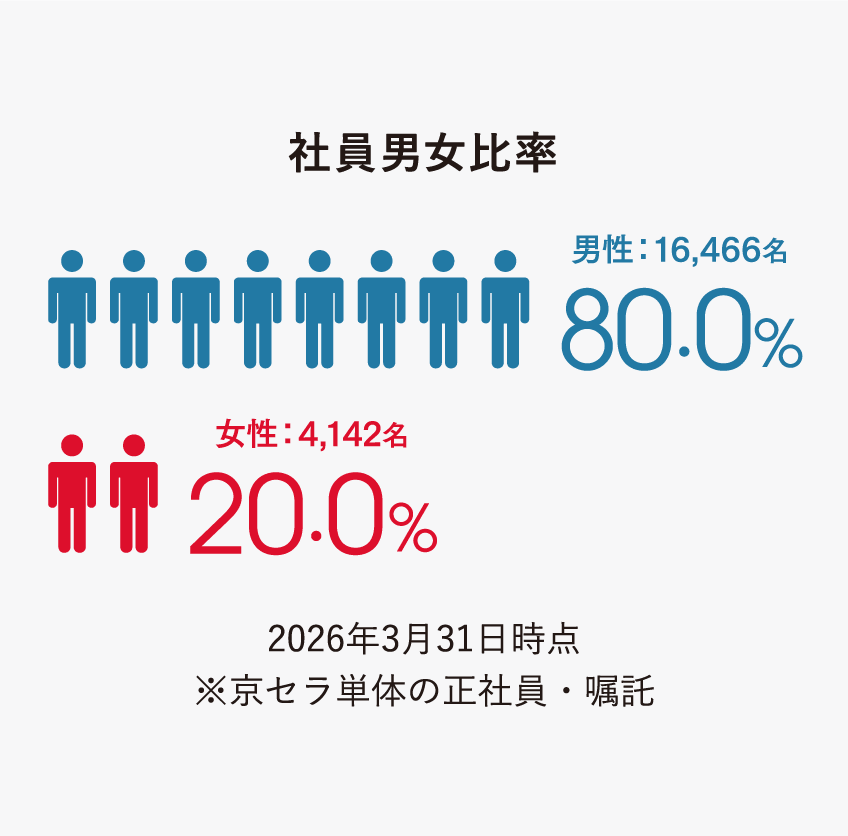 社員男女比率 男性：16,466名 80.0%、女性：4,142名 20.0% 2026年3月31日時点 ※京セラ単体の正社員・嘱託