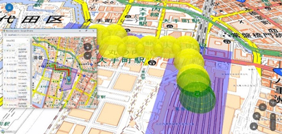 写真：国土地理院地図を加工して作成した移動通信中継局 シミュレーター操作イメージ