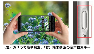 写真:（左）カメラで簡単検索、（右）端末側面の音声検索キー
