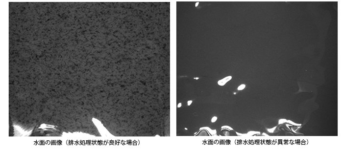 左：水面の画像（排水処理状態が良好な場合）、右：水面の画像（排水処理状態が異常な場合）