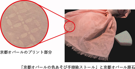 京都オパールのプリント部分 「京都オパールの色あそび手捺染ストール」と京都オパール原石