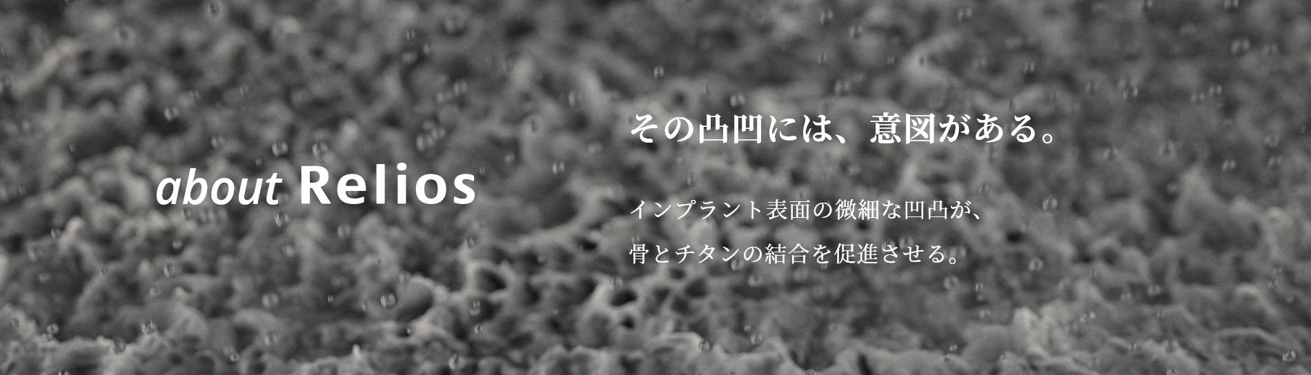 about Relios　その凸凹には、意図がある。　インプラント表面の微細な凹凸が、骨とチタンの結合を促進させる。