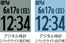 画面：デジタル時計（バックライト消灯時）/画面：デジタル時計（バックライト点灯時）