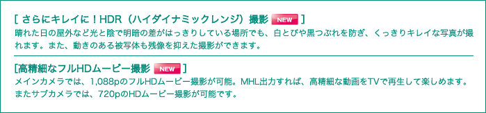 図：さらにキレイに！HDR（ハイダイナミックレンジ）撮影　高精細なフルHDムービー撮影