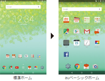 画面：標準ホームとauベーシックホーム