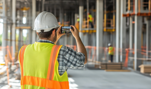 工事現場でスマホを使い、写真撮影している様子