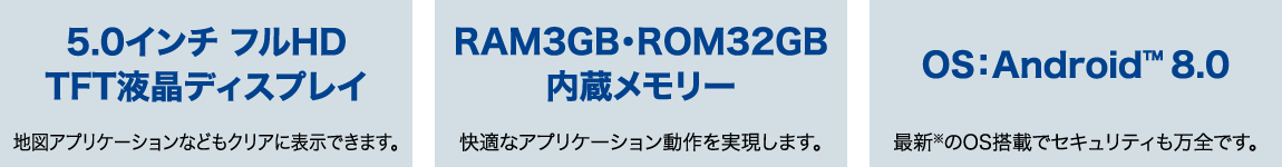 5.0インチ　フルHD　TFT液晶ディスプレイ　/　RAM3BG・ROM32GB内蔵メモリー　/　OS:Addroid(TM)8.0