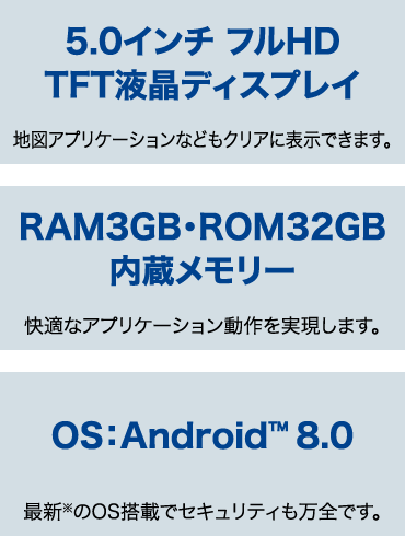 5.0インチ　フルHD　TFT液晶ディスプレイ　/　RAM3BG・ROM32GB内蔵メモリー　/　OS:Addroid(TM)8.0